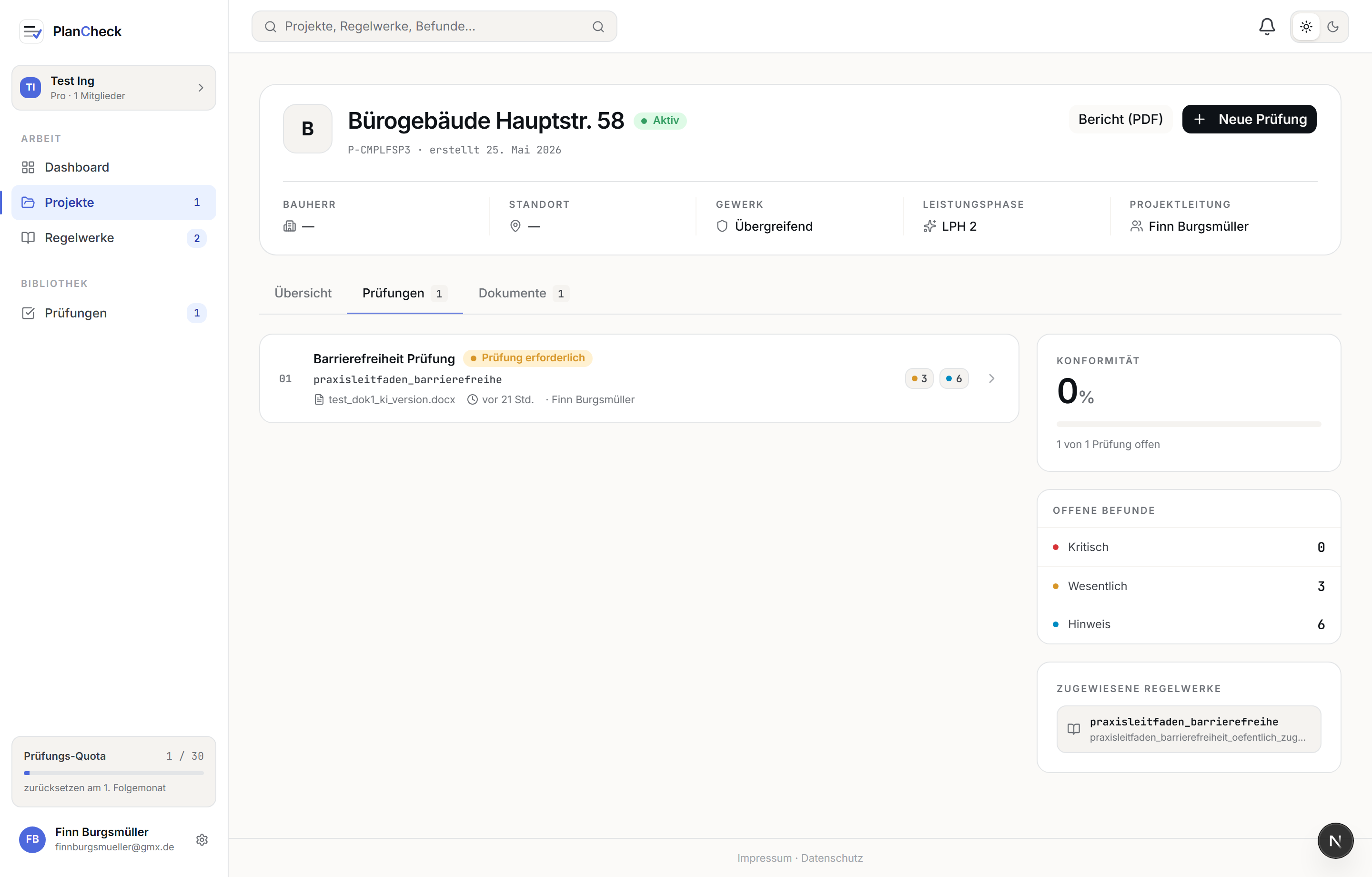 Projekt anlegen, Prüfung starten.